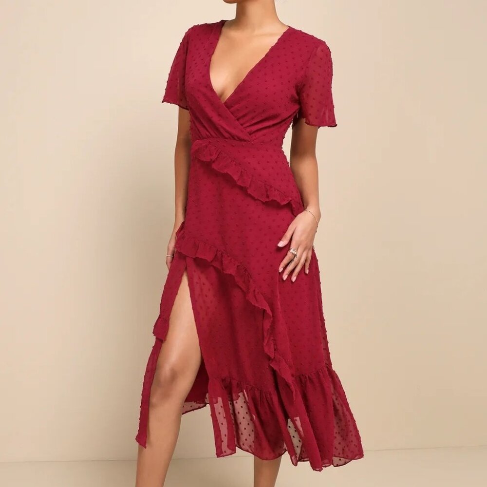 Plum Swiss Dot Ruffled Midi Dress - Romantic & Elegant | Flowy A-Line Style